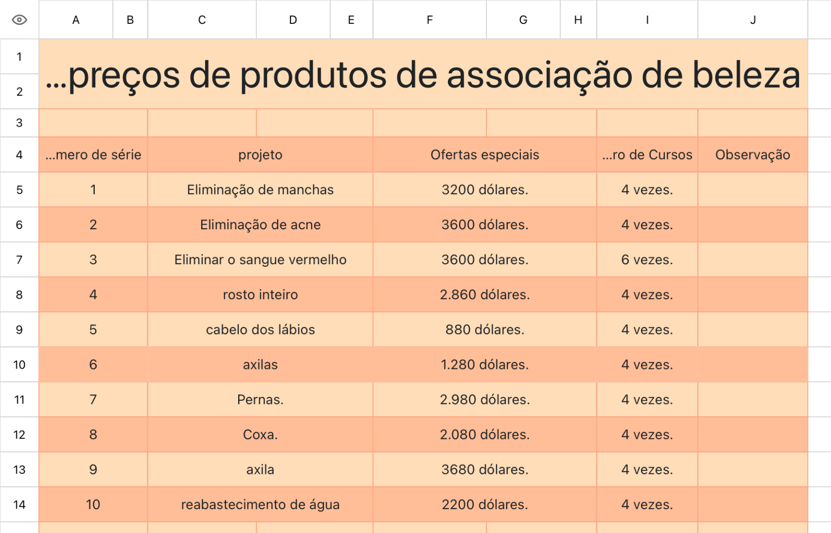 Lista de preços de produtos de associação de beleza